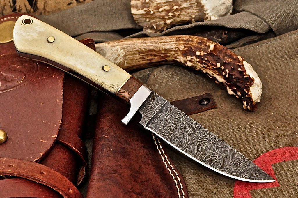 Damascus Steel Hunting Skinning Knife Handcrafted Camel Bone & Burl Wood Handle Fixed Blade