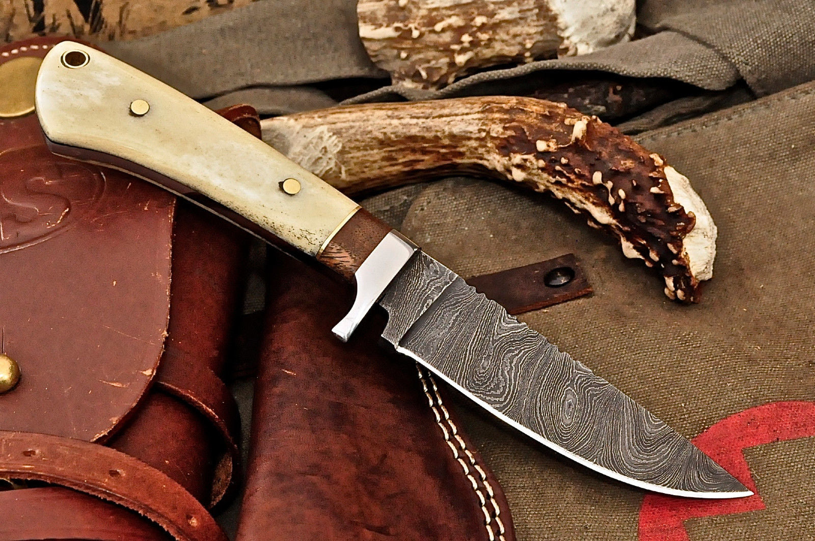 Damascus Steel Hunting Skinning Knife Handcrafted Camel Bone & Burl Wood Handle Fixed Blade