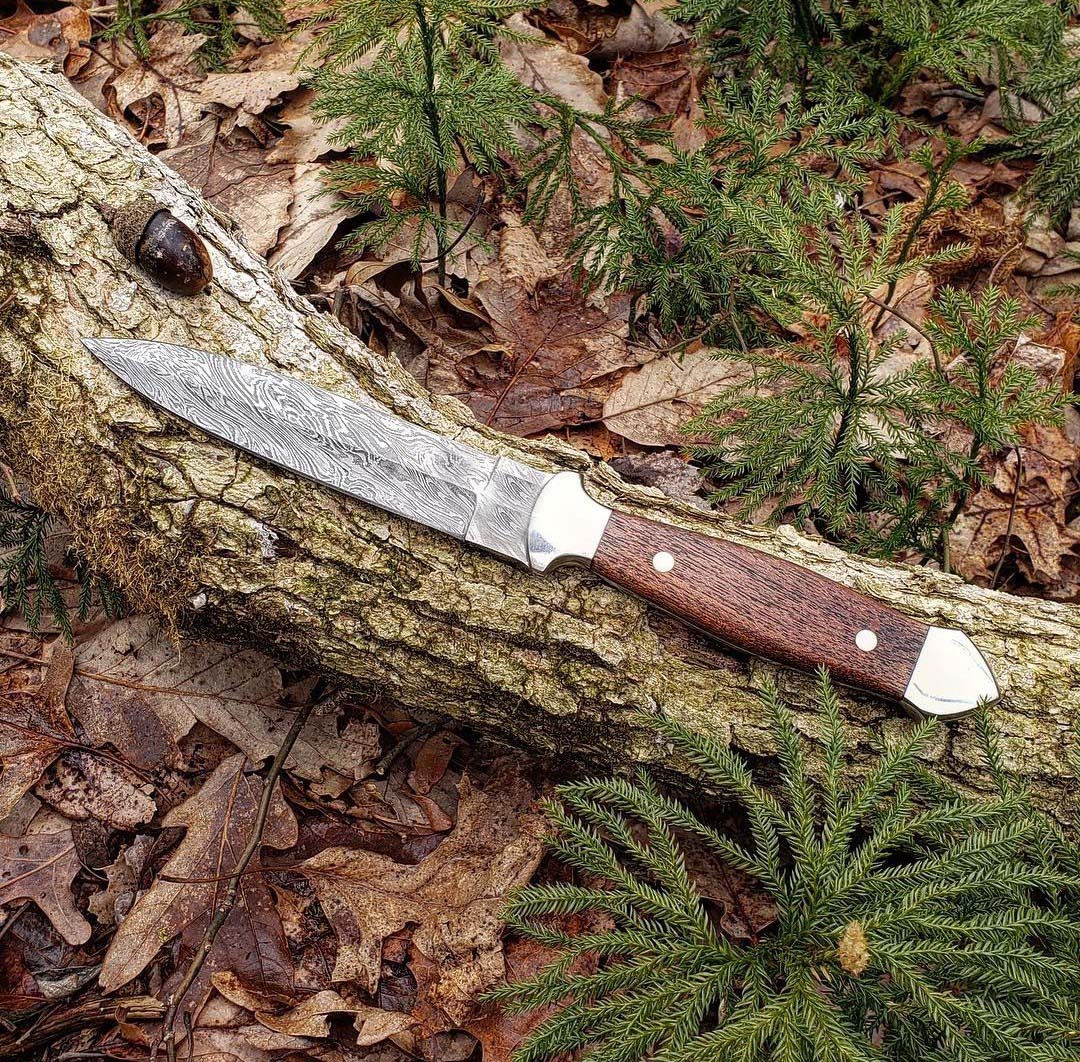 Damascus Steel Dagger Hunting Knife with Wood & Bone Handle Double Edge Fixed Blade