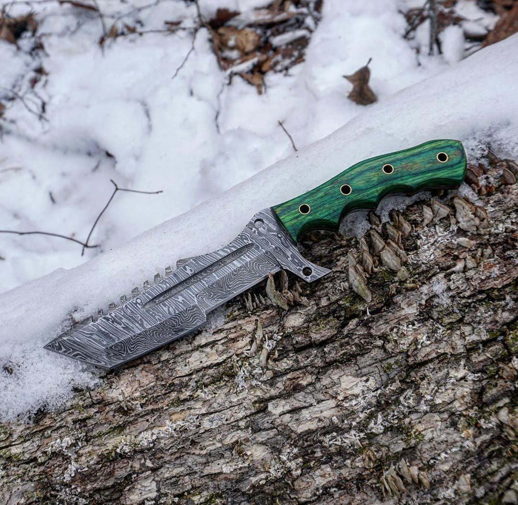 Damascus Steel Tanto Tracker Knife Handmade Green Wood Handle With Leather Sheath