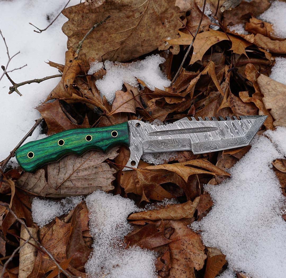 Damascus Steel Tanto Tracker Knife Handmade Green Wood Handle With Leather Sheath