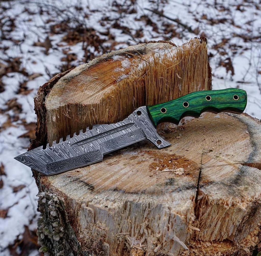 Damascus Steel Tanto Tracker Knife Handmade Green Wood Handle With Leather Sheath