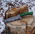 Damascus Steel Tanto Tracker Knife Handmade Green Wood Handle With Leather Sheath
