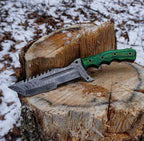 Damascus Steel Tanto Tracker Knife Handmade Green Wood Handle With Leather Sheath