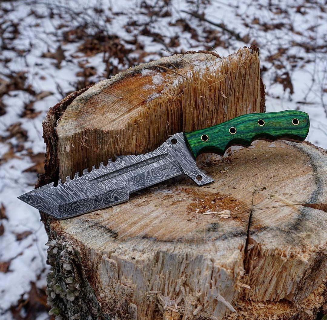 Damascus Steel Tanto Tracker Knife Handmade Green Wood Handle With Leather Sheath