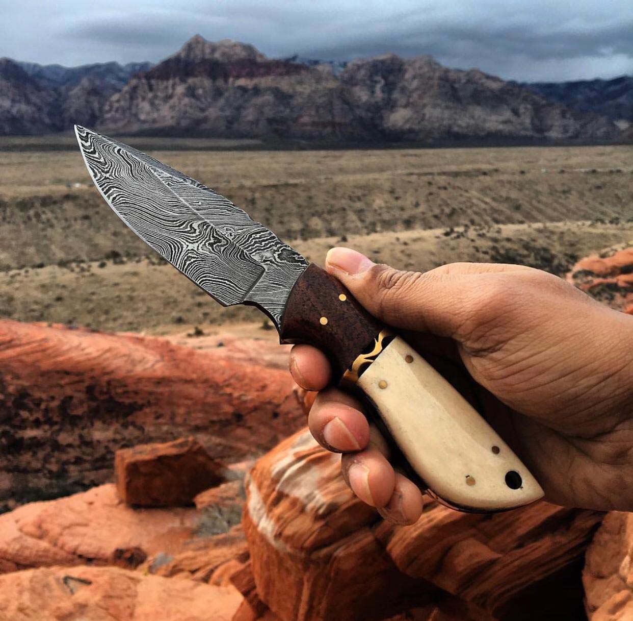 Damascus Steel Hunting Knife Handmade Wood & Bone Handle Fixed Blade With Cover