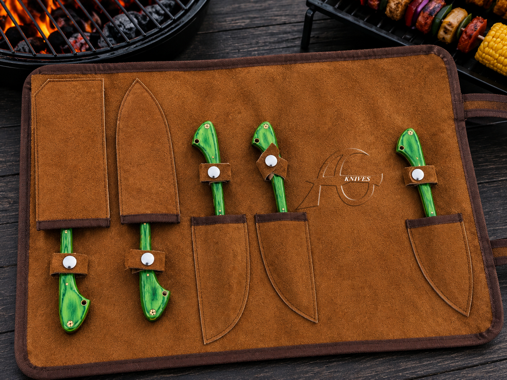 Rugged Handcrafted Damascus Outdoor Knife Kit 5 Pcs - Green Wood Handle Leather Roll Case
