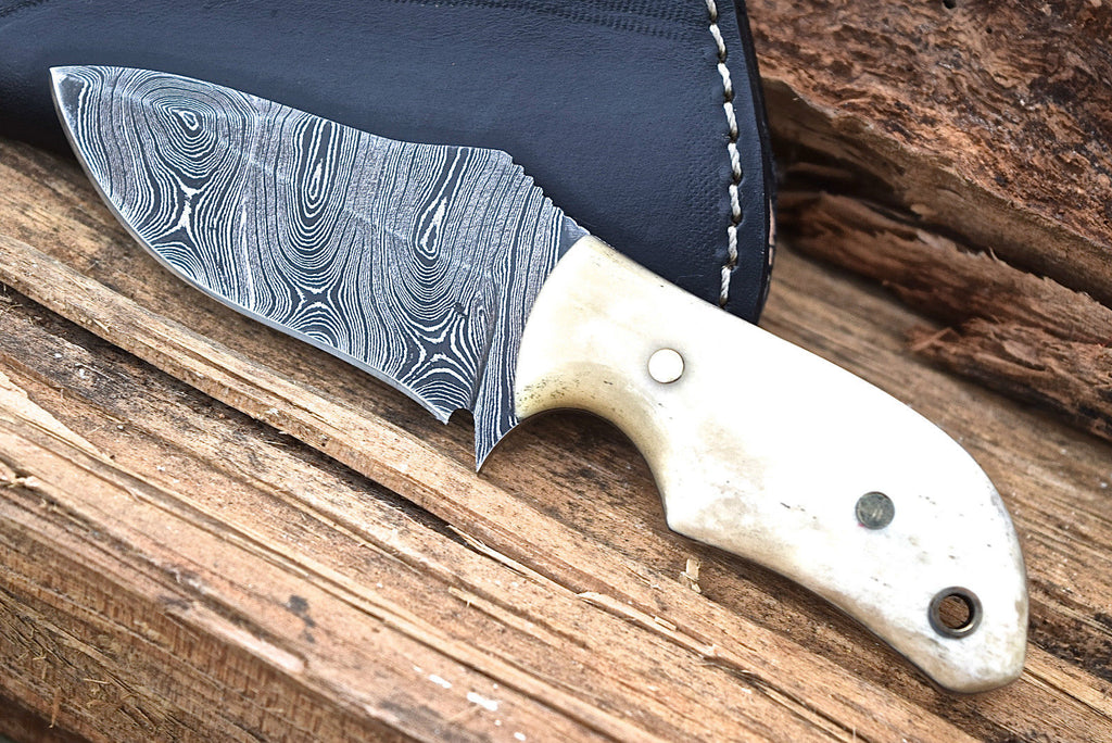 6" Handmade Damascus Blade Skinning Knife Camel Bone Handle - Leather Sheath