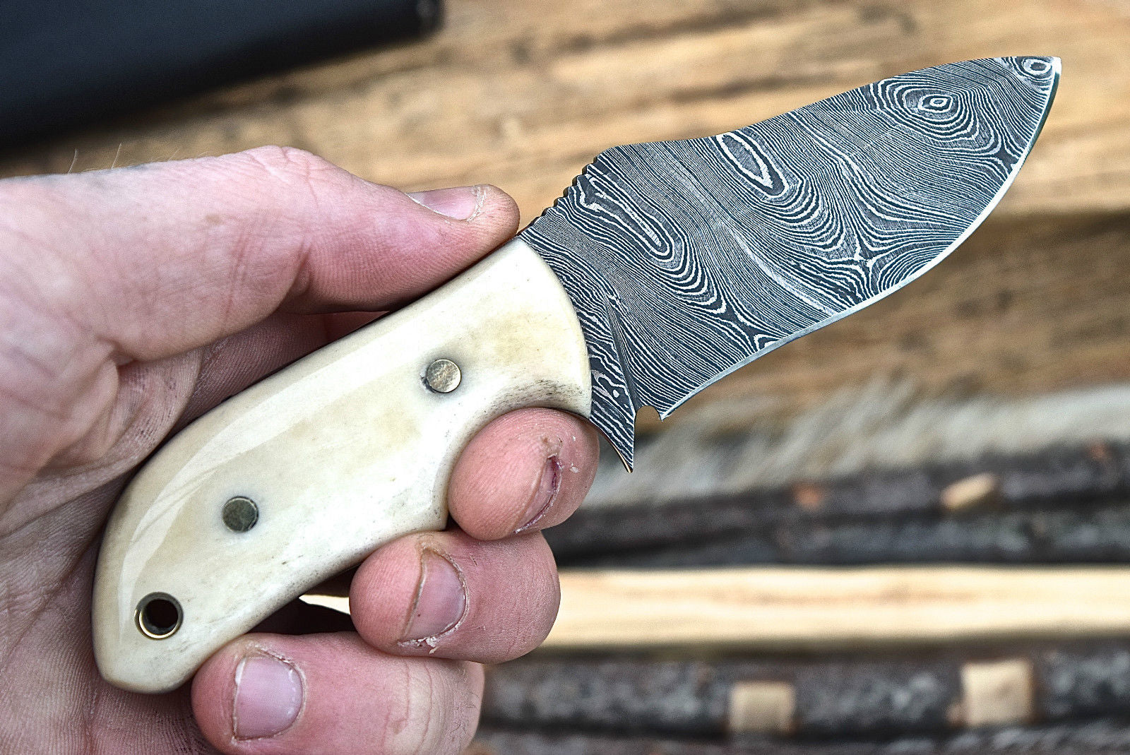 6" Handmade Damascus Blade Skinning Knife Camel Bone Handle - Leather Sheath