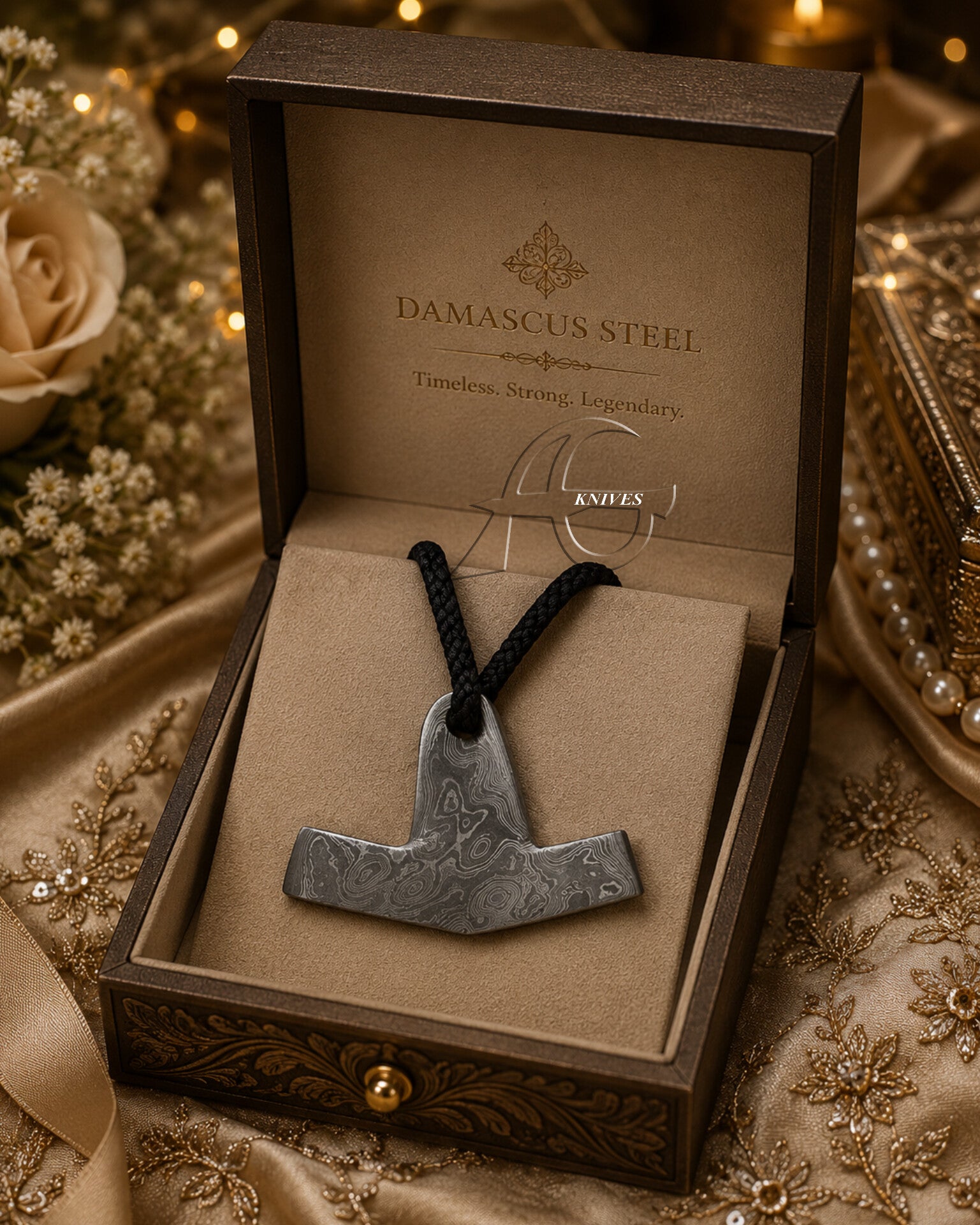 A silver-toned engraved Viking-style axe pendant on a black cord, displayed inside an ornate dark wood presentation box with a beige insert. The box lid is printed with 'DAMASCUS STEEL' and 'Knaves'.
