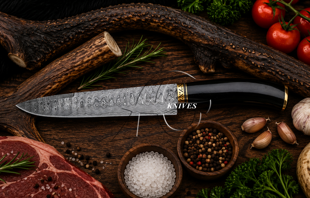 A chef's knife with a patterned steel blade and a black handle with gold accents, displayed on a rustic wooden surface surrounded by raw ingredients including steak, garlic, salt, peppercorns, herbs, and tomatoes. The brand name 'KNIVES' is printed on the blade.