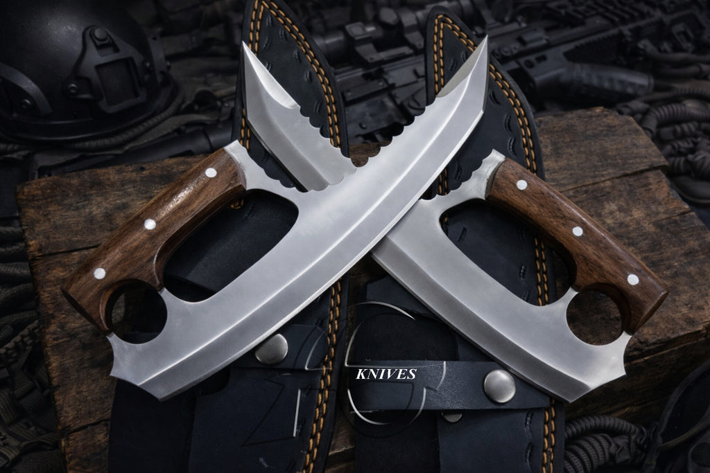 Pair of 9.5" Fixed Blade General Utility Cutting Knife Set, Clip Point Serrated Spine Wooden Handle with Leather Sheath