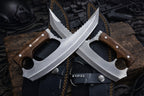 Pair of 9.5" Fixed Blade General Utility Cutting Knife Set, Clip Point Serrated Spine Wooden Handle with Leather Sheath