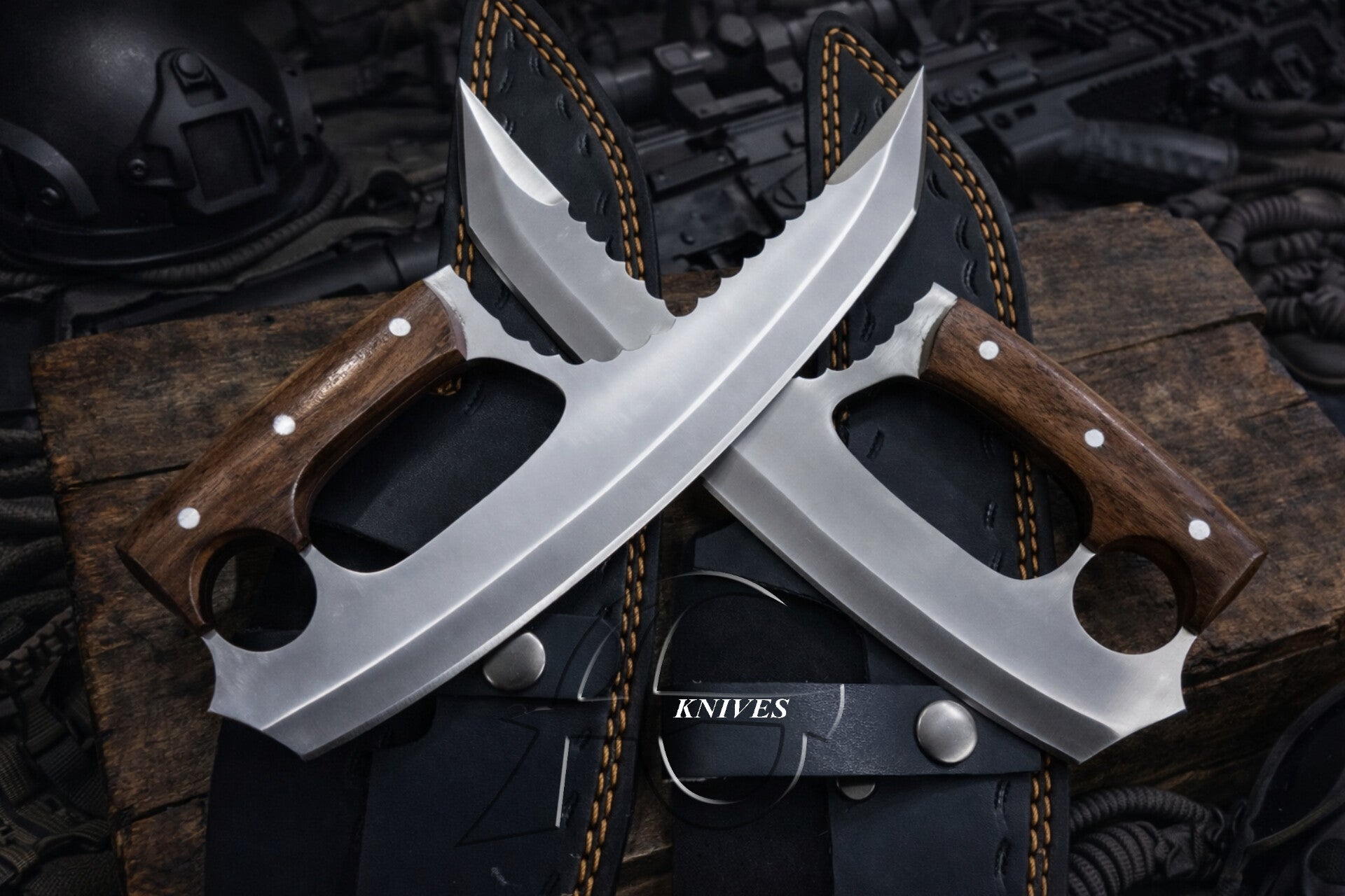 Pair of 9.5" Fixed Blade General Utility Cutting Knife Set, Clip Point Serrated Spine Wooden Handle with Leather Sheath
