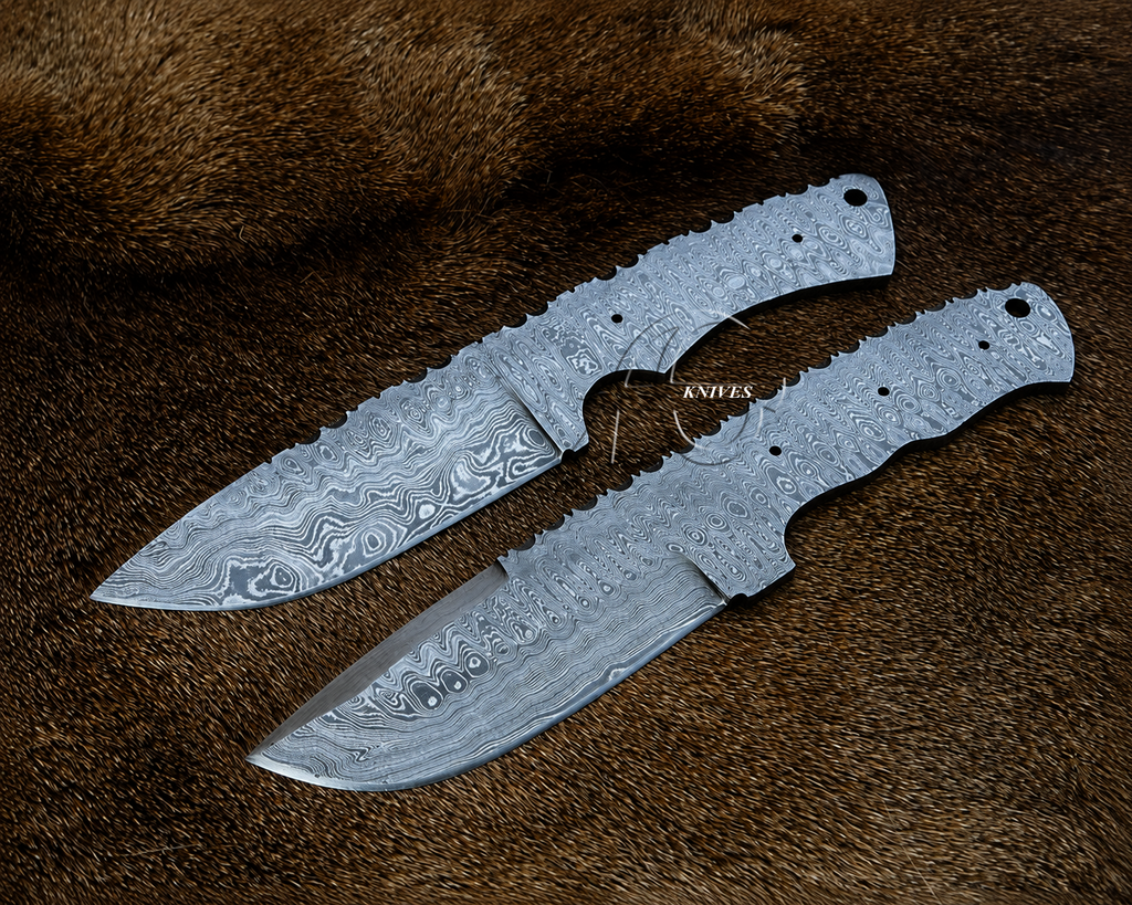 Two Damascus steel fixed-blade knives with textured, patterned blades and handles, displayed diagonally on a brown fur background.