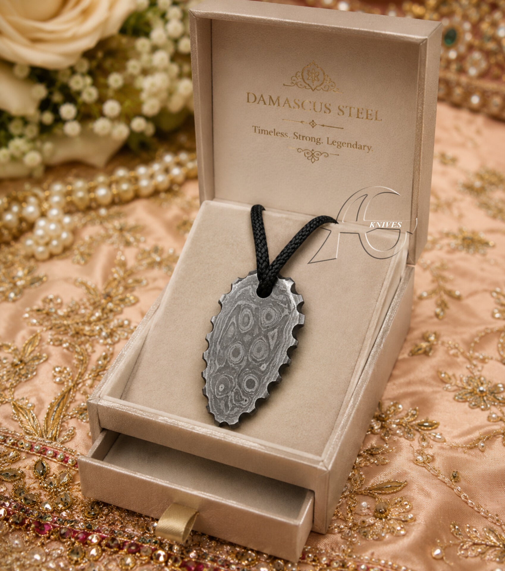 A Damascus steel pendant necklace with a circular patterned design and a scalloped edge, resting in an open beige presentation box. The box lid features the text 'DAMASCUS STEEL' and 'Timeless: Strong, Legendary'.