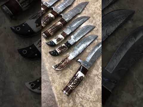7 Pcs Deal Custom Made Damascus Hand Forged Fixed Blade Hunting Skinning Knives Leather Sheath