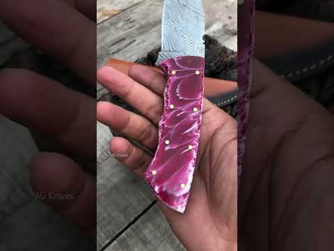 Handmade Hunting Skinning Knife Damascus Blade Pink White Resin Handle 9" Leather Sheath