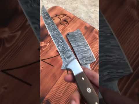 Hand Forged Damascus Fillet Knife & Cleaver With Cover