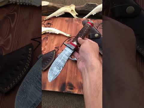 Pair Damascus Custom Gut Hook & Hunting Knife With Sheath