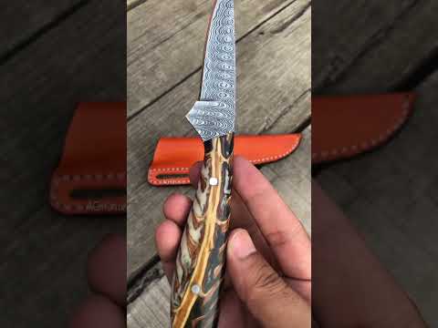 Damascus Western Knife with Sheath 8" Long Pinecone Handle Cowboy Belt Knife Handcrafted