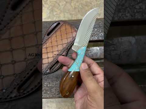A Fixed Blade Ranch Cowboy Skinning Knife Rasp Steel Wood & Turquoise Handle 7" Tooled Sheath