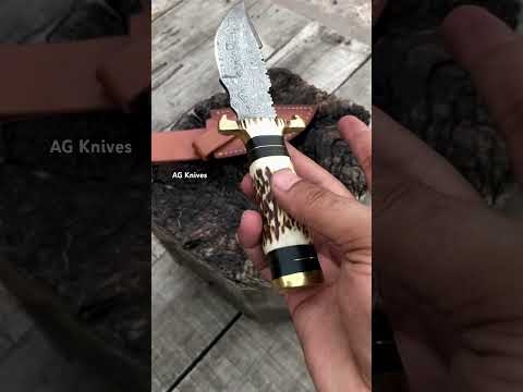 Handmade Damascus Skinning Mini Knife Antler Handle 7" with Leather Sheath