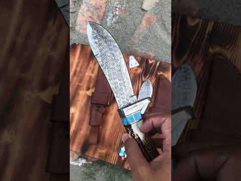 Custom Made Hunting Knife Raindrop Damascus Blade Antler Turquoise Handle 10" Belt Carry Leather Sheath