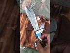 Custom Made Hunting Knife Raindrop Damascus Blade Antler Turquoise Handle 10" Belt Carry Leather Sheath