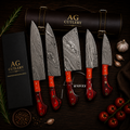 Luxurious Handcrafted Damascus Kitchen Knife Set - 5 Pcs with Leather Roll Case