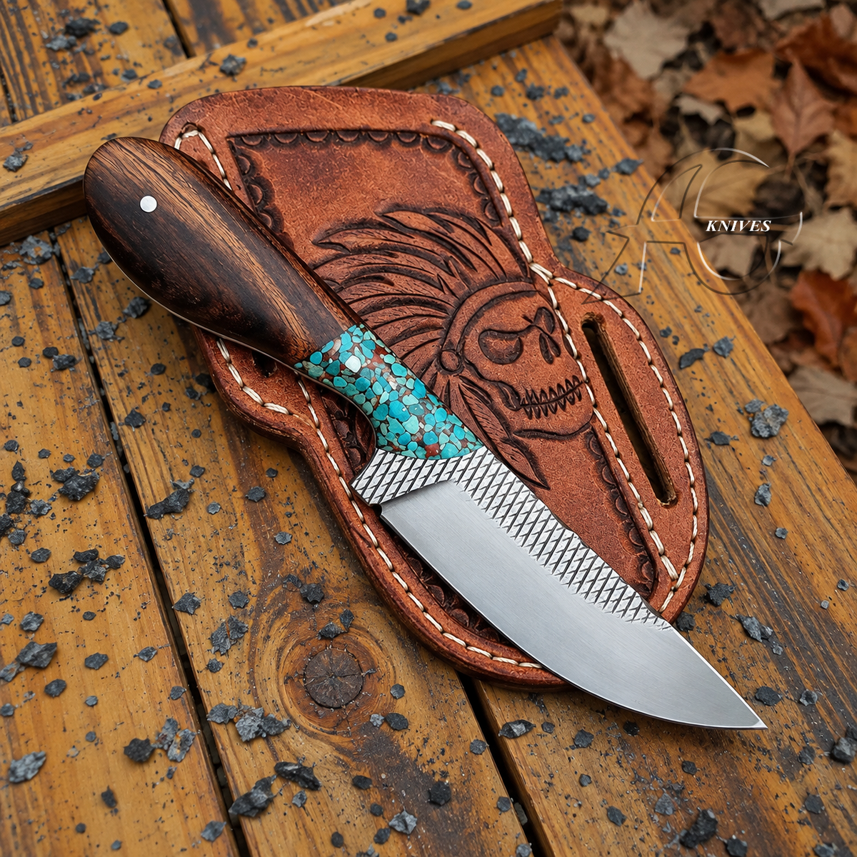 A fixed-blade knife with a dark wood handle and turquoise inlay rests on a brown leather sheath featuring a carved skull design. The sheath is placed on weathered wooden boards outdoors with scattered leaves and small stones.