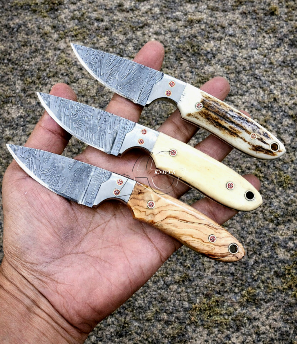 7" Damascus Skinning Knife Handmade Wood, Bone & Antler Handle With Sheath