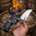 9.5" Hunting Knife - 1095 Forged Steel Antler & Wood Handle with Leather Sheath