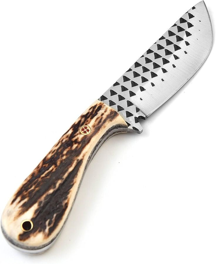 A fixed-blade knife with a patterned silver steel blade and a textured brown and beige horn or antler-style handle, shown on a plain white background.