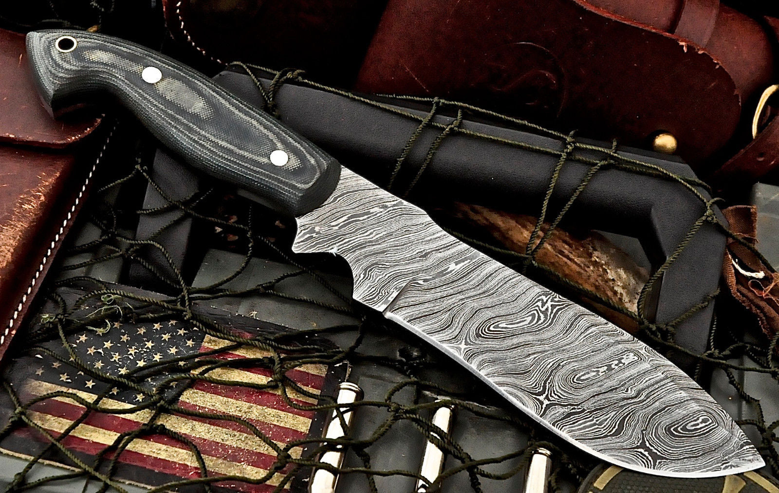 10" Fixed Blade Hunting Knife Damascus Blade with Leather Sheath