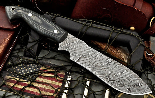 10" Fixed Blade Hunting Knife Damascus Blade with Leather Sheath