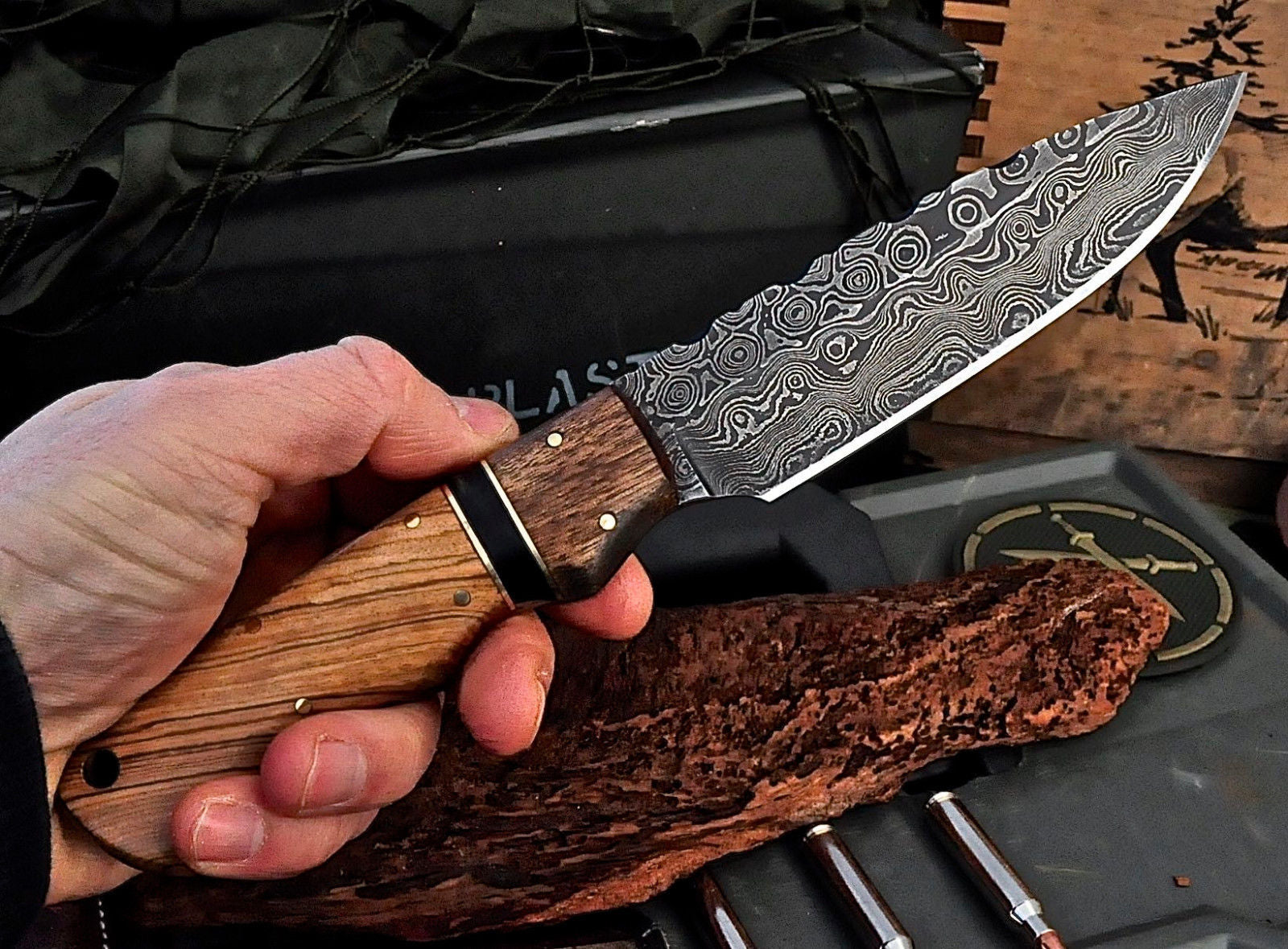 Kingwood Damascus Skinning Knife 9" Hand Forged Hunting Blade With Sheath