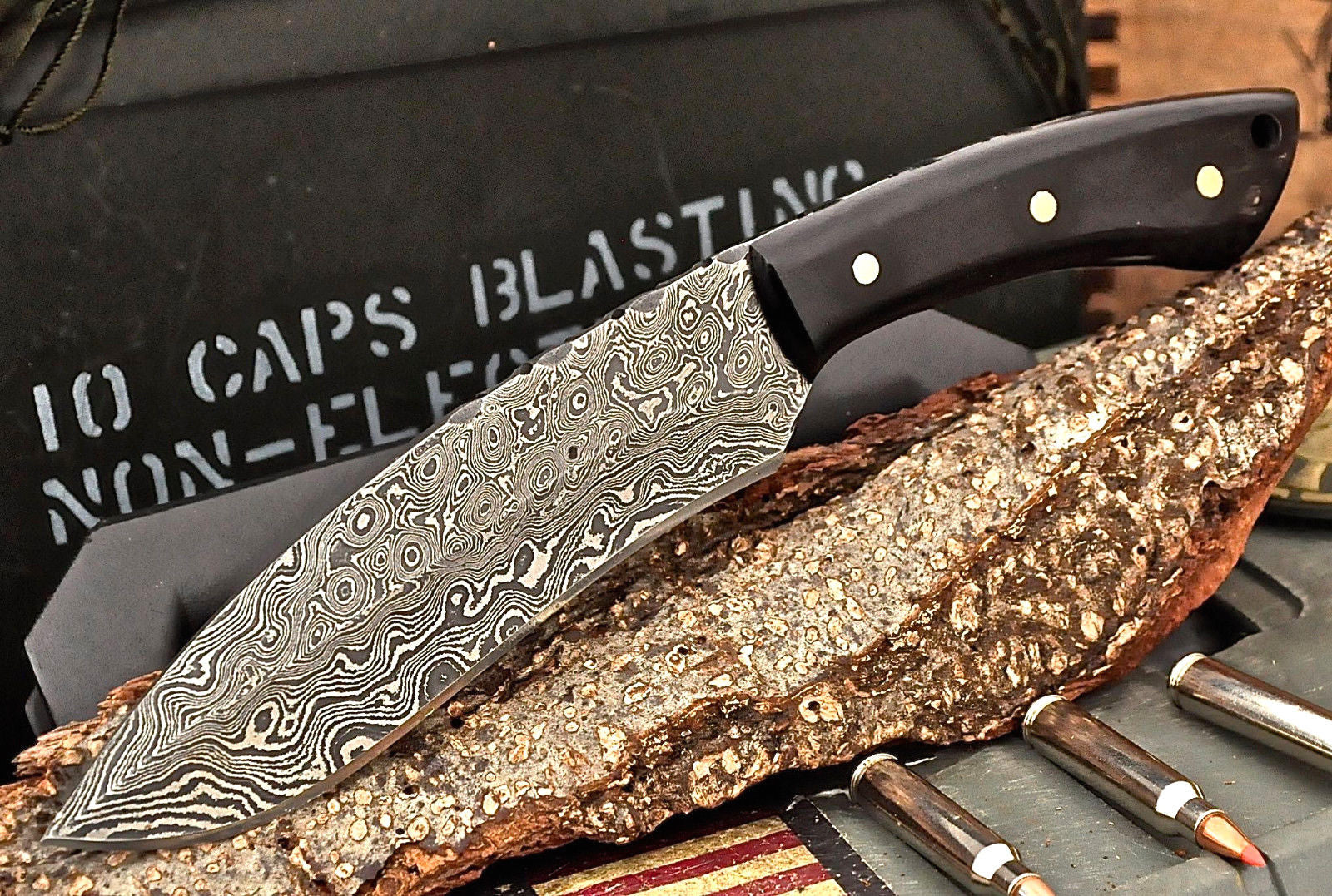 10" Fixed Blade Hunting Knife Damascus Raindrop Blade with Leather Sheath