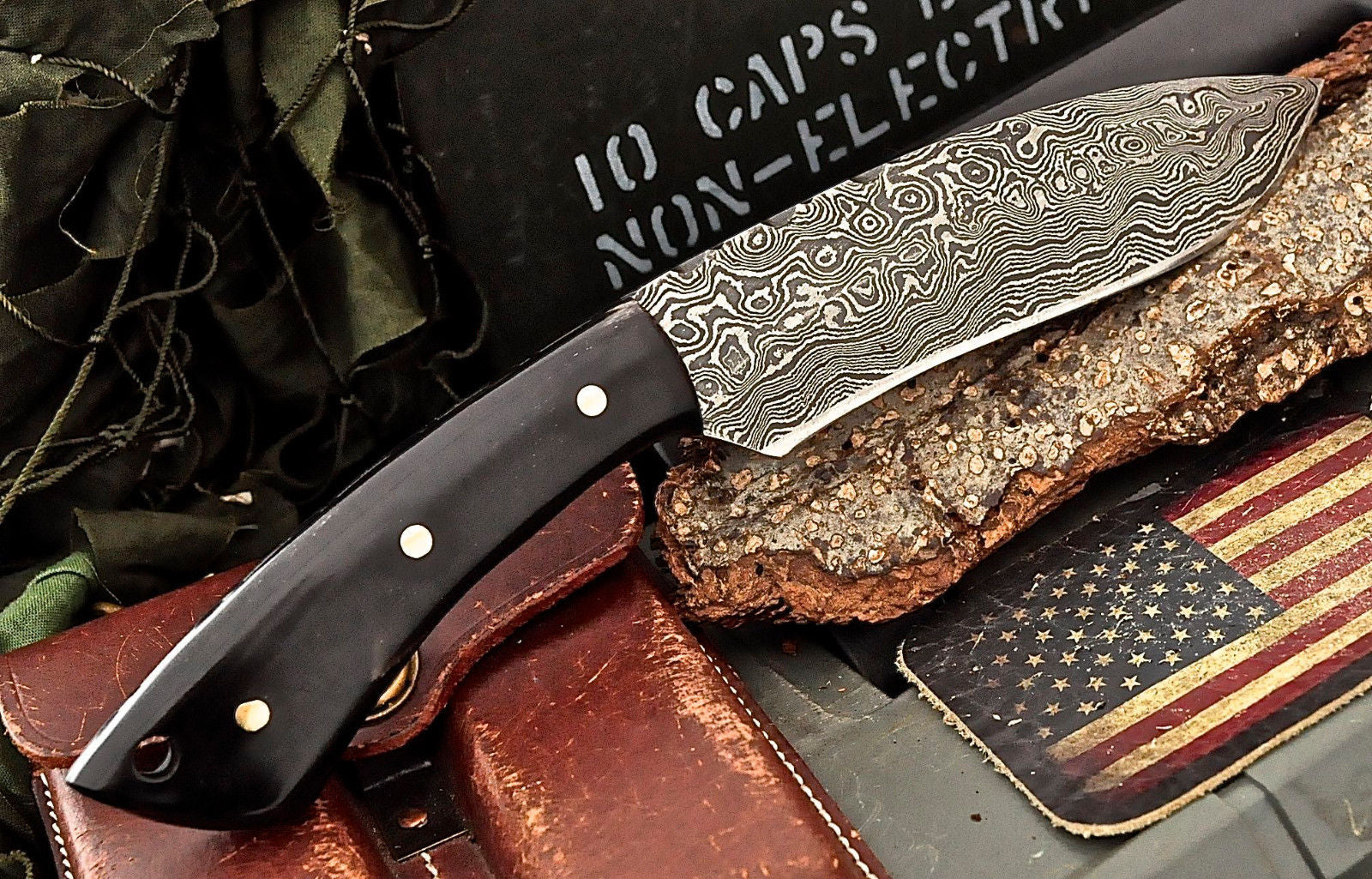 10" Fixed Blade Hunting Knife Damascus Raindrop Blade with Leather Sheath