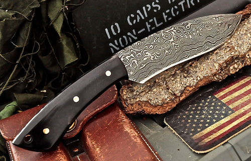 10" Fixed Blade Hunting Knife Damascus Raindrop Blade with Leather Sheath
