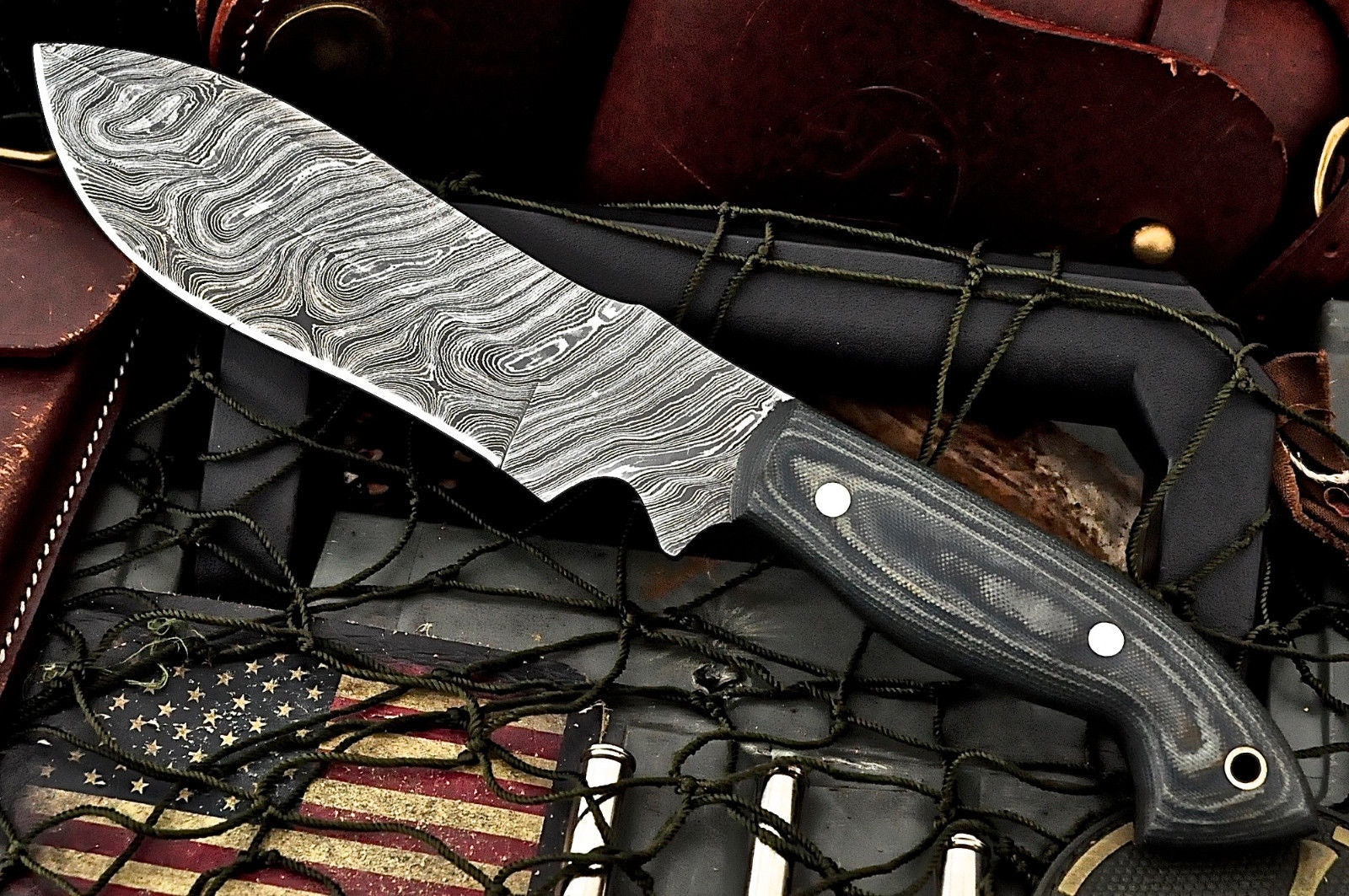10" Fixed Blade Hunting Knife Damascus Blade with Leather Sheath