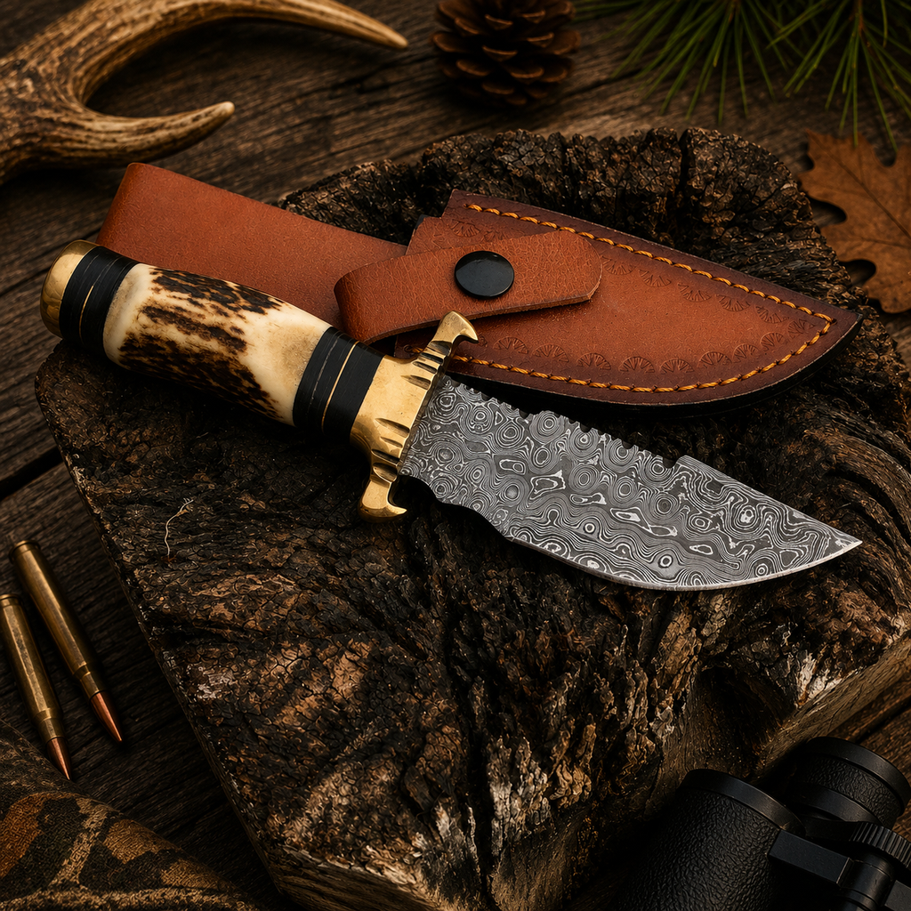 A fixed-blade hunting knife with a patterned steel blade, antler-style handle, and brass guard, shown resting on a brown leather sheath atop a rustic wood log. Deer antlers, pine needles, and binoculars are visible in the styled scene.