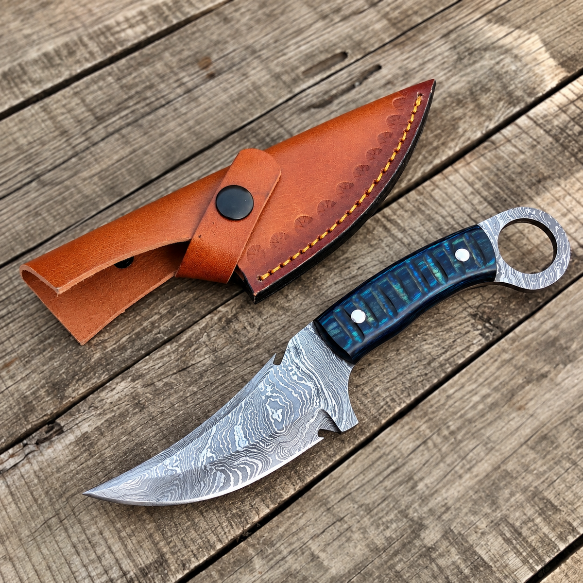 Handmade Damascus Skinning Knife Blue Exotic Wood Handle 8" with Leather Sheath