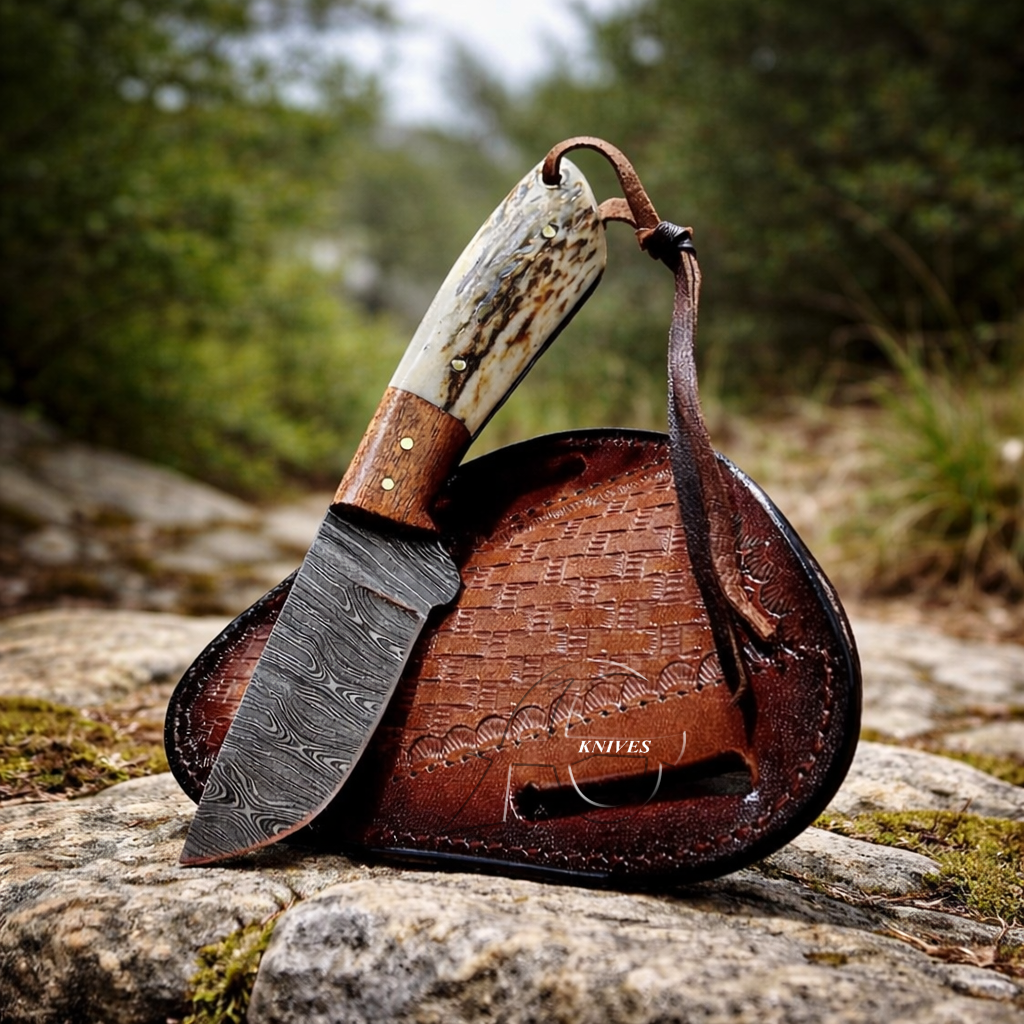 Hand Forged Damascus Blade Deer Skinning Western Knife With Cover