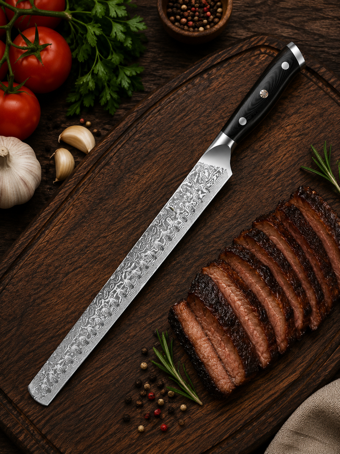 Handmade Damascus Raindrop Slicer Knife Best for Meat, BBQ & Carving - AG Cutlery