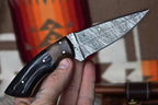 Handmade 8" Damascus Hunting Knife Buffalo Horn & Wood - Leather Sheath