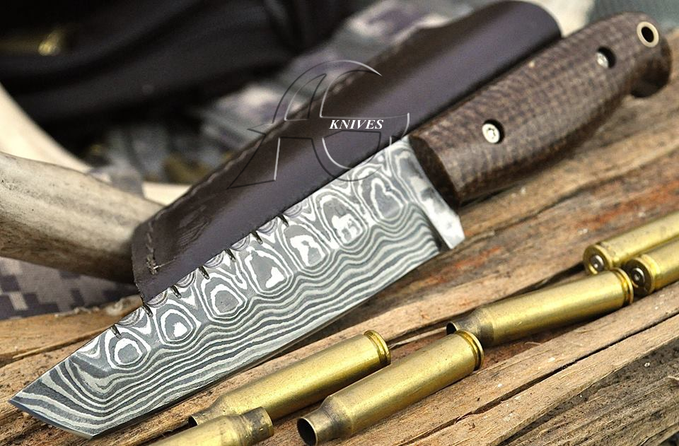 10" Hand Forged Damascus Steel Tanto Survival Knife with Brown G10 Handle & Handcrafted Sheath