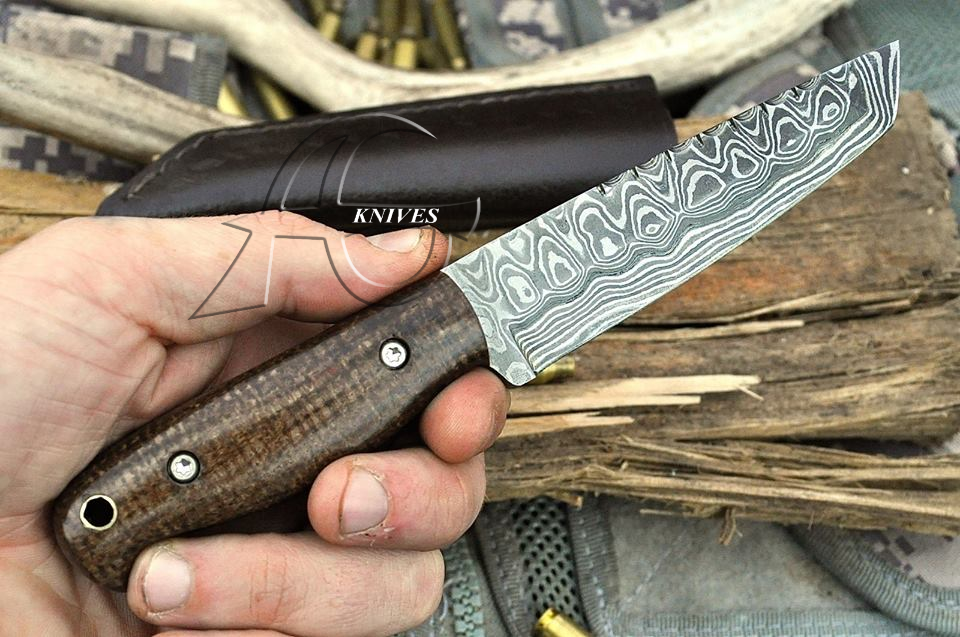 10" Hand Forged Damascus Steel Tanto Survival Knife with Brown G10 Handle & Handcrafted Sheath