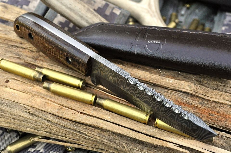 10" Hand Forged Damascus Steel Tanto Survival Knife with Brown G10 Handle & Handcrafted Sheath