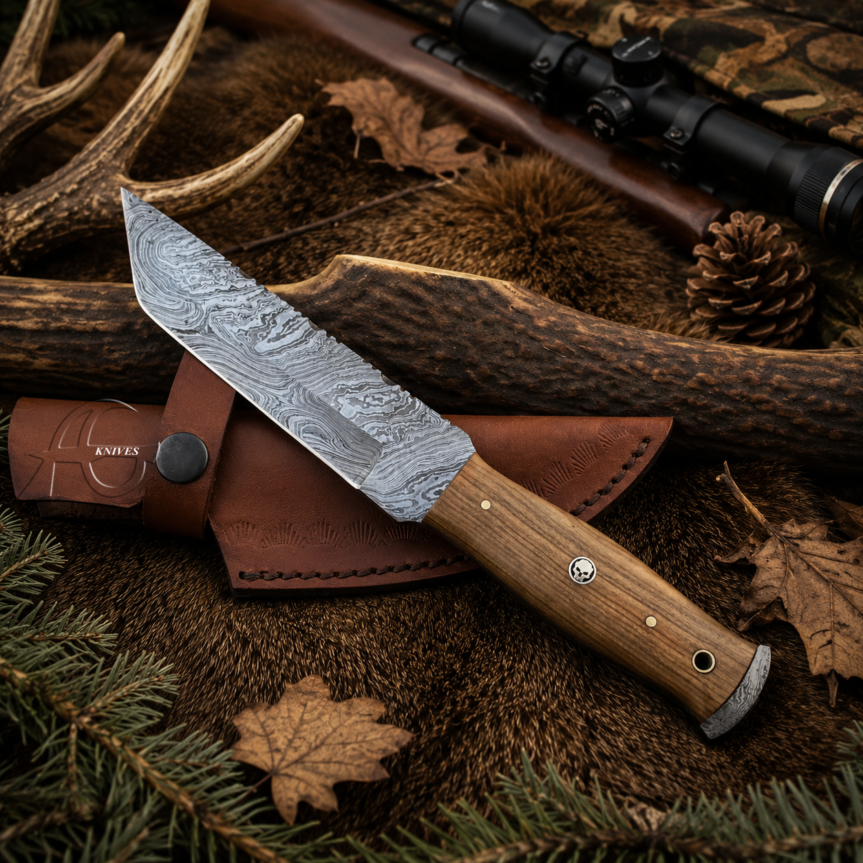 A Damascus steel hunting knife with a patterned steel blade and a light brown wooden handle, resting on its brown leather sheath. The knife is styled in a rustic outdoor setting with deer antlers, a rifle scope, pine needles, and dry leaves.